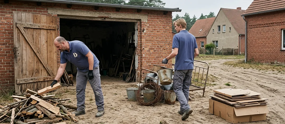 Geöffnete Scheunentür auf einem Grundstück bei Liebenwalde im Landkreis Oberhavel, davor stapeln zwei Helfer aussortiertes Holz, Metall und Kartonagen in getrennten Haufen