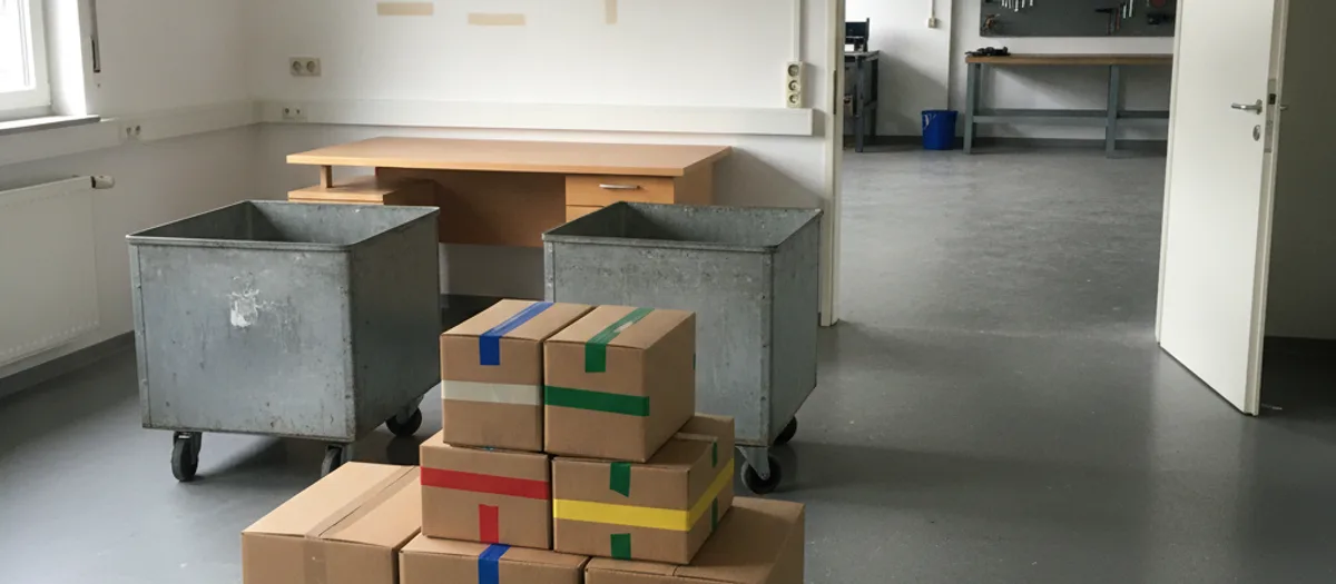 Halb geräumtes Büro eines kleinen Betriebs in Liebenwalde mit zwei Rollcontainern, leergeräumtem Schreibtisch und Umzugskartons, die nur mit farbigem Klebeband markiert sind, dahinter die offene Tür zur Werkhalle