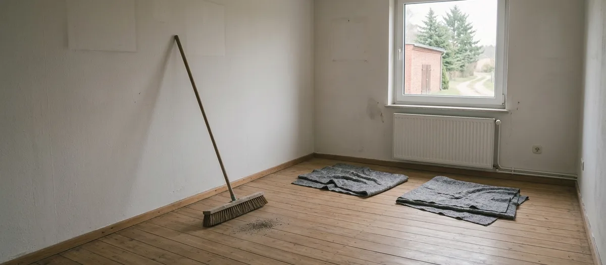 Leergeräumtes Wohnzimmer eines älteren Hauses in Liebenwalde mit frisch gekehrtem Dielenboden, an der Wand lehnt ein Besen, daneben liegen zusammengelegte Umzugsdecken, durch das Fenster der Blick auf den Hof