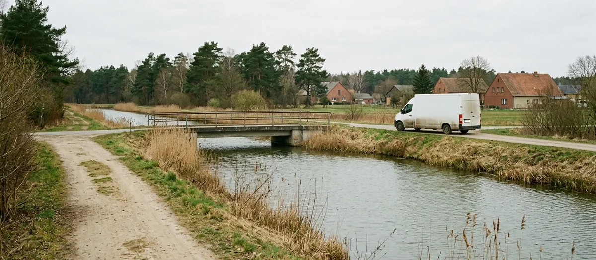 Blick über einen schmalen Kanal bei Liebenwalde auf eine niedrige Straßenbrücke, dahinter fährt ein weißer Transporter auf der Uferstraße am Ortsrand entlang