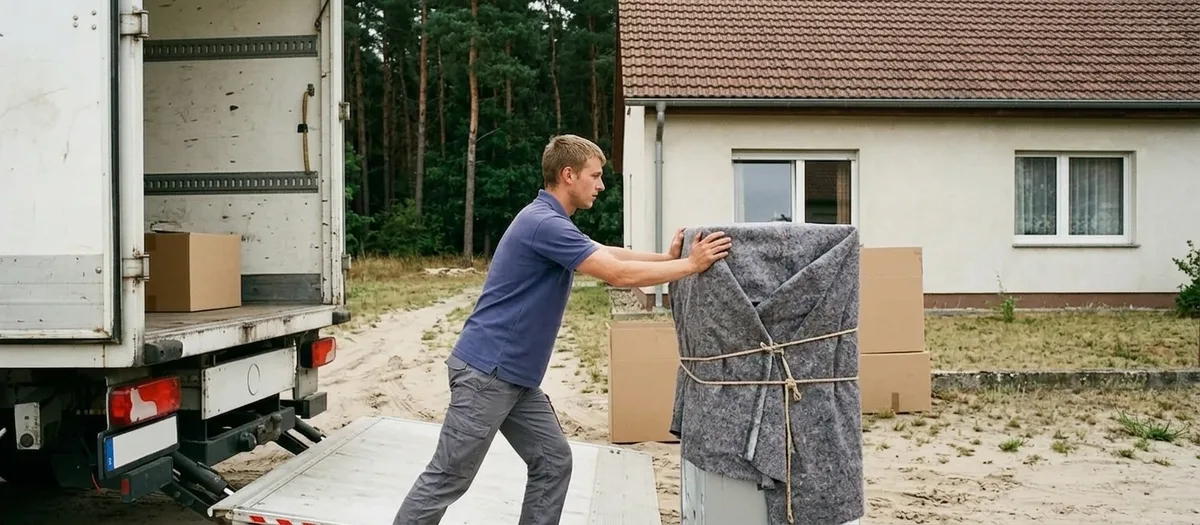 Träger schiebt eine in Decken gewickelte Waschmaschine zur heruntergelassenen Ladebordwand eines Möbelwagens, dahinter ein Putzbau mit Ziegeldach und Kiefern