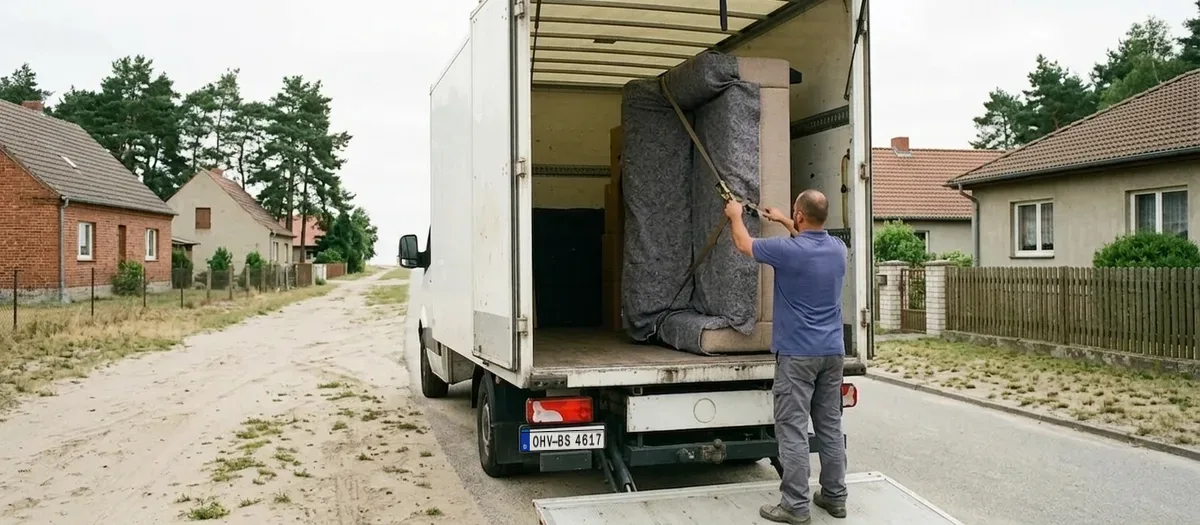 Ein in Decken gepacktes Sofa steht auf der Ladefläche eines Möbelwagens an einer Dorfstraße bei Liebenwalde, ein Träger zieht den Spanngurt fest