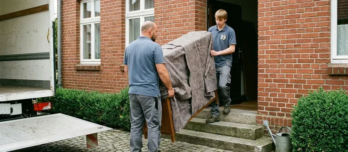 Zwei Träger tragen einen in Decken gepackten Kleiderschrank die Stufen eines älteren Backsteinhauses in Liebenwalde hinunter, davor Kopfsteinpflaster und der wartende Möbelwagen