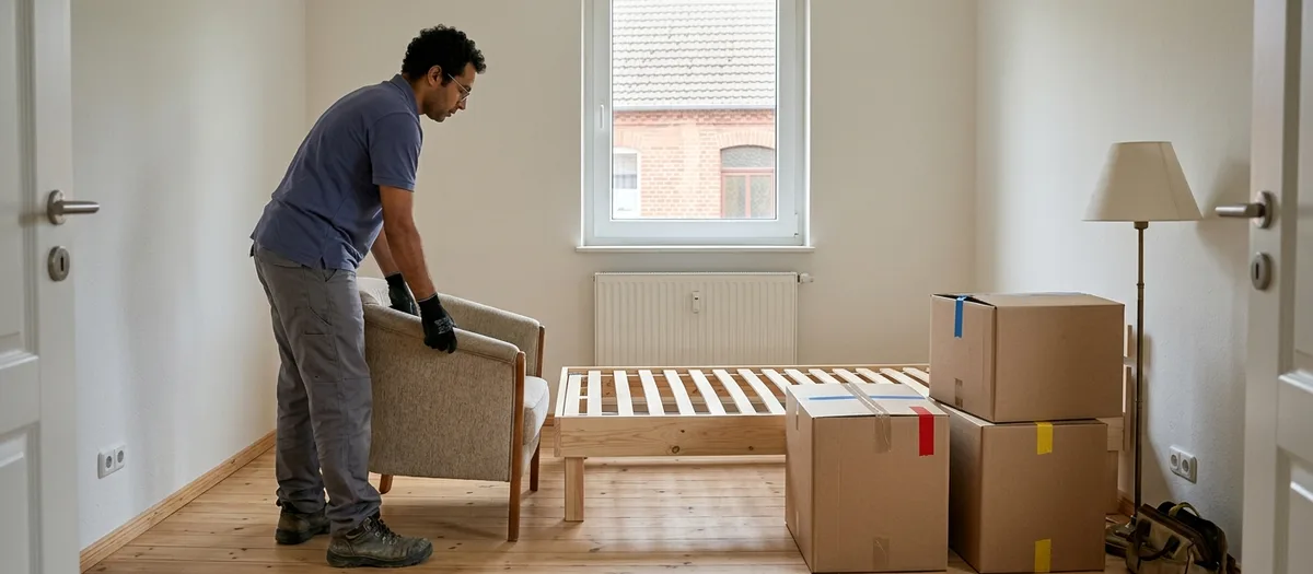 Umzugshelfer stellt in einer hellen kleinen Wohnung in Liebenwalde einen Sessel neben ein aufgebautes Bettgestell, daneben wenige mit farbigem Klebeband markierte Kartons