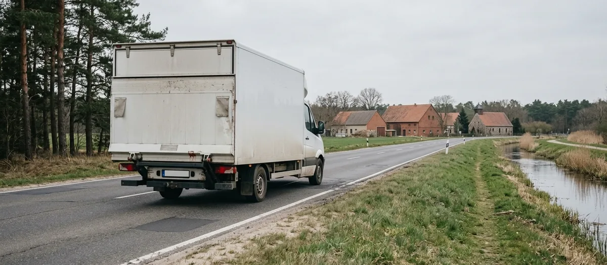 Möbelwagen auf einer von Kiefern gesäumten Landstraße Richtung Osten, rechts begleitet ein alter Kanal mit Uferweg die Fahrbahn