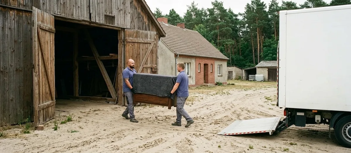 Zwei Träger bringen in Decken geschlagene Möbel aus einer offenen Scheunentür über einen Hof zum wartenden Möbelwagen, im Hintergrund ein märkisches Wohnhaus