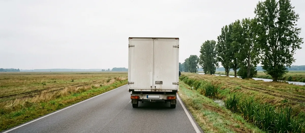 Beladener Möbelwagen fährt auf einer Landstraße durch flaches Brandenburger Wiesenland nordwärts, im Hintergrund eine Baumreihe entlang eines Kanals