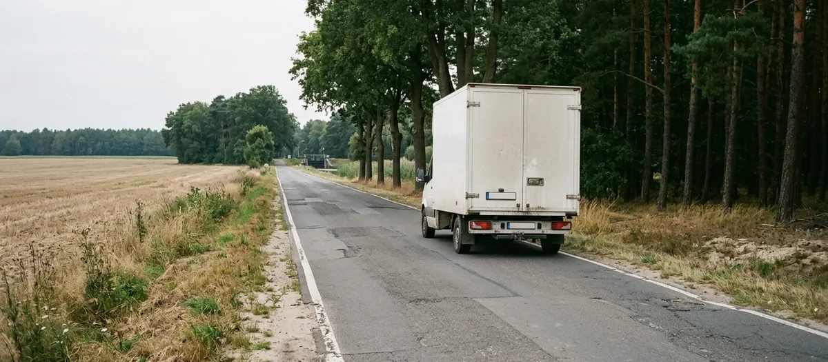 Allee zwischen Stoppelfeld und Kiefernwald im Umland von Liebenwalde, ein Möbelwagen fährt auf der Landstraße vom Betrachter weg