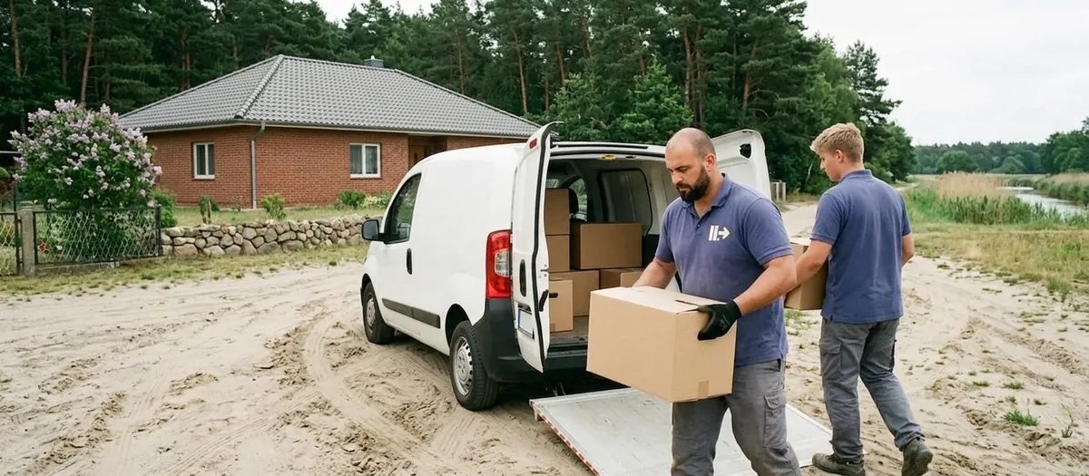 Zwei Umzugshelfer laden Umzugskartons in einen kleinen Mietwagen auf einem sandigen Grundstück in Liebenwalde im Landkreis Oberhavel, dahinter ein Backsteinhaus und der Uferstreifen eines Kanals