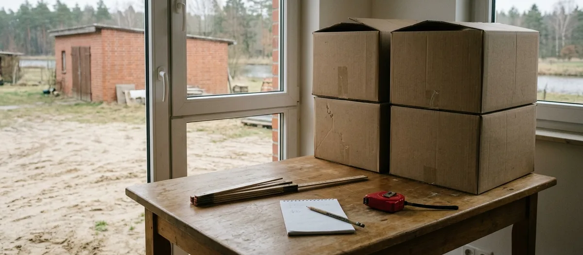 Holztisch am Fenster einer Liebenwalder Wohnung mit Zollstock, Bandmaß und leerem Notizblock, dahinter gestapelte Umzugskartons und der Blick auf einen sandigen Hof mit Backsteinschuppen