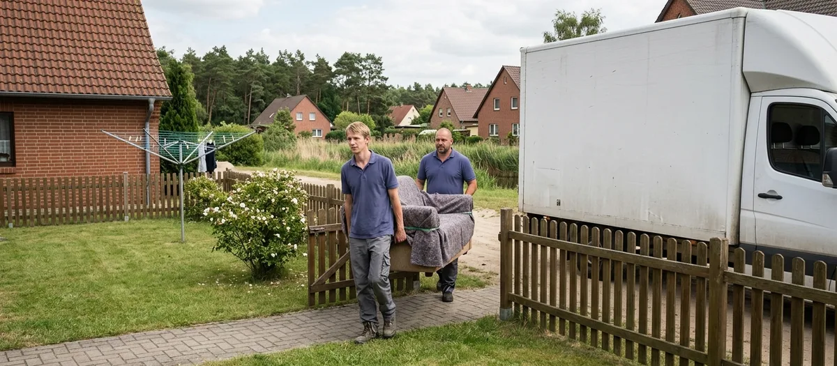 Zwei Träger tragen ein in Decken gewickeltes Sofa über den Gartenweg eines Einfamilienhauses in Freienhagen zum Möbelkoffer hinter dem Gartenzaun