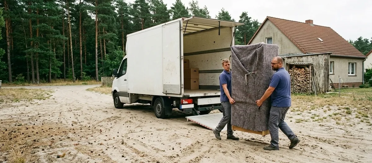 Zwei Umzugshelfer tragen einen in Decken geschlagenen Schrank über einen sandigen Hof in Groß Schönebeck, im Hintergrund Kiefernwald und ein offener Möbelwagen