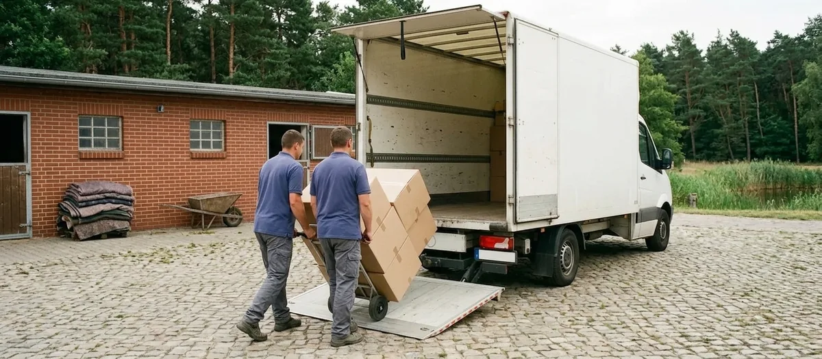 Möbelkoffer steht auf einem gepflasterten Hof im Ortsteil Hammer, zwei Träger schieben eine Sackkarre mit gestapelten Umzugskartons über die Rampe in den Laderaum