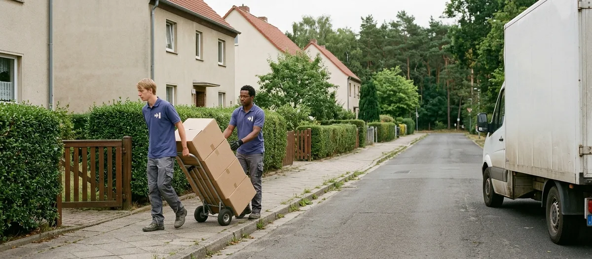 Möbelwagen steht in einer schmalen Siedlungsstraße in Klosterfelde, zwei Helfer schieben eine Sackkarre mit gestapelten Umzugskartons über den Gehweg zu einem Wohnhaus mit Vorgarten