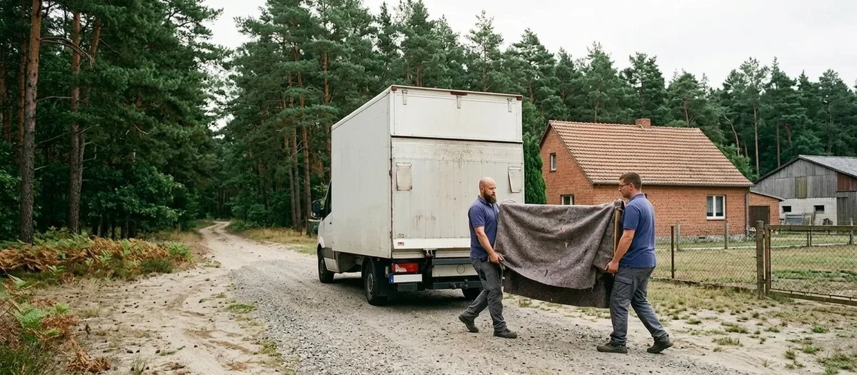 Transporter steht auf einem befestigten Weg am Ortsrand von Kreuzbruch vor Kiefernwald, zwei Träger tragen einen zerlegten Schrank über den festen Untergrund