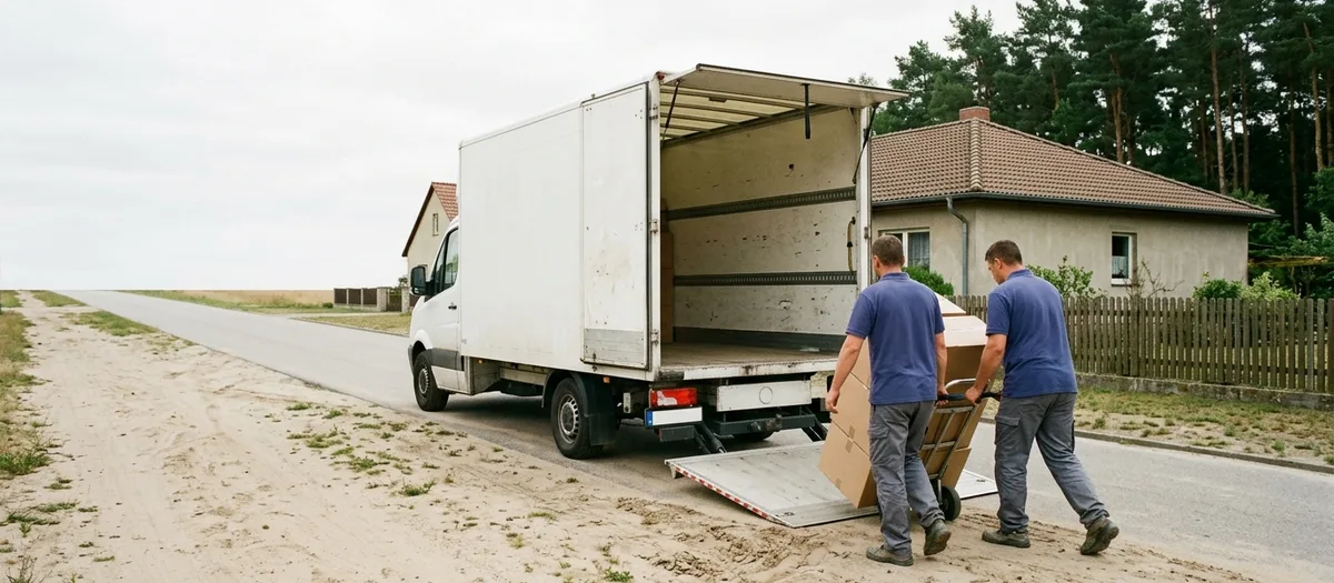 Möbelwagen mit heruntergelassener Ladebordwand am Rand einer Dorfstraße bei Liebenwalde, zwei Träger schieben eine Sackkarre mit Kartons zur Rampe