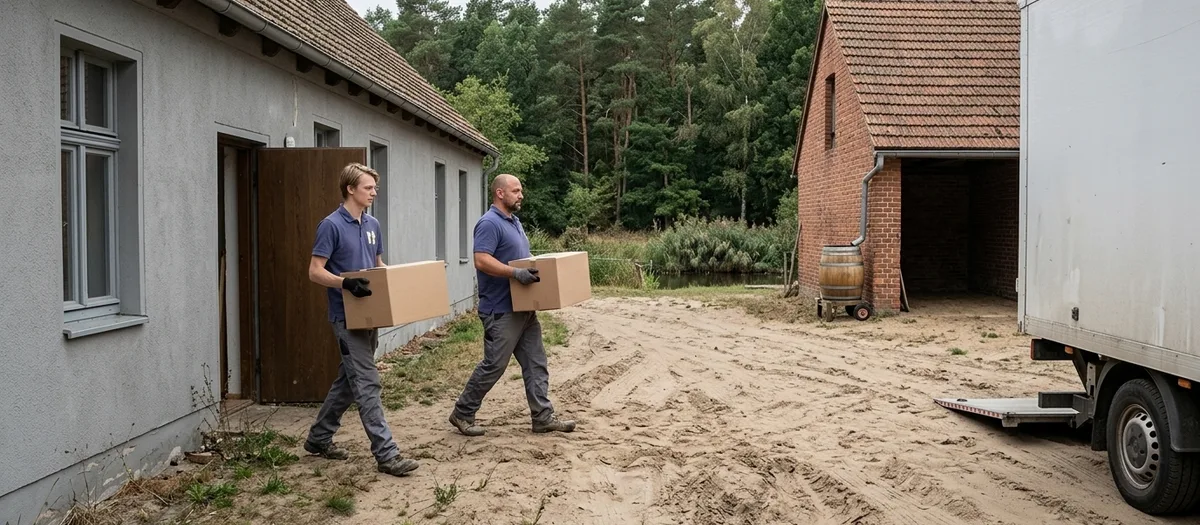 Umzugswagen steht auf dem Hof eines alten Gehöfts in Ruhlsdorf bei Marienwerder, links das traufständige Wohnhaus, rechts die giebelständige Stallung, Helfer tragen Kartons heraus