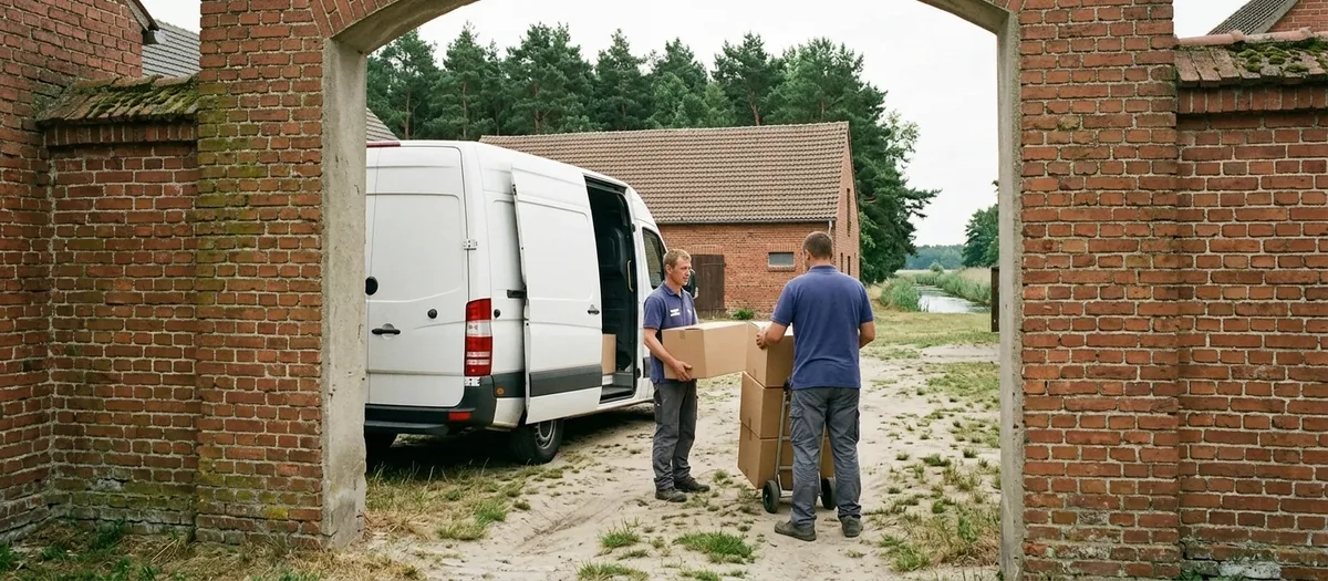 Backsteinernes Hoftor eines alten Gehöfts in Neuholland, davor ein Transporter mit offener Seitentür, Träger stapeln Umzugskartons auf einen Rollwagen