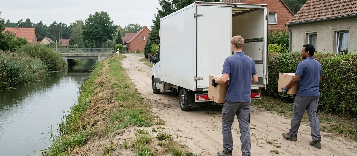 Möbelwagen hält an einer Uferstraße in Zerpenschleuse nahe der Brücke über den Langen Trödel, zwei Träger tragen Umzugskartons vom offenen Laderaum zu einem Wohnhaus